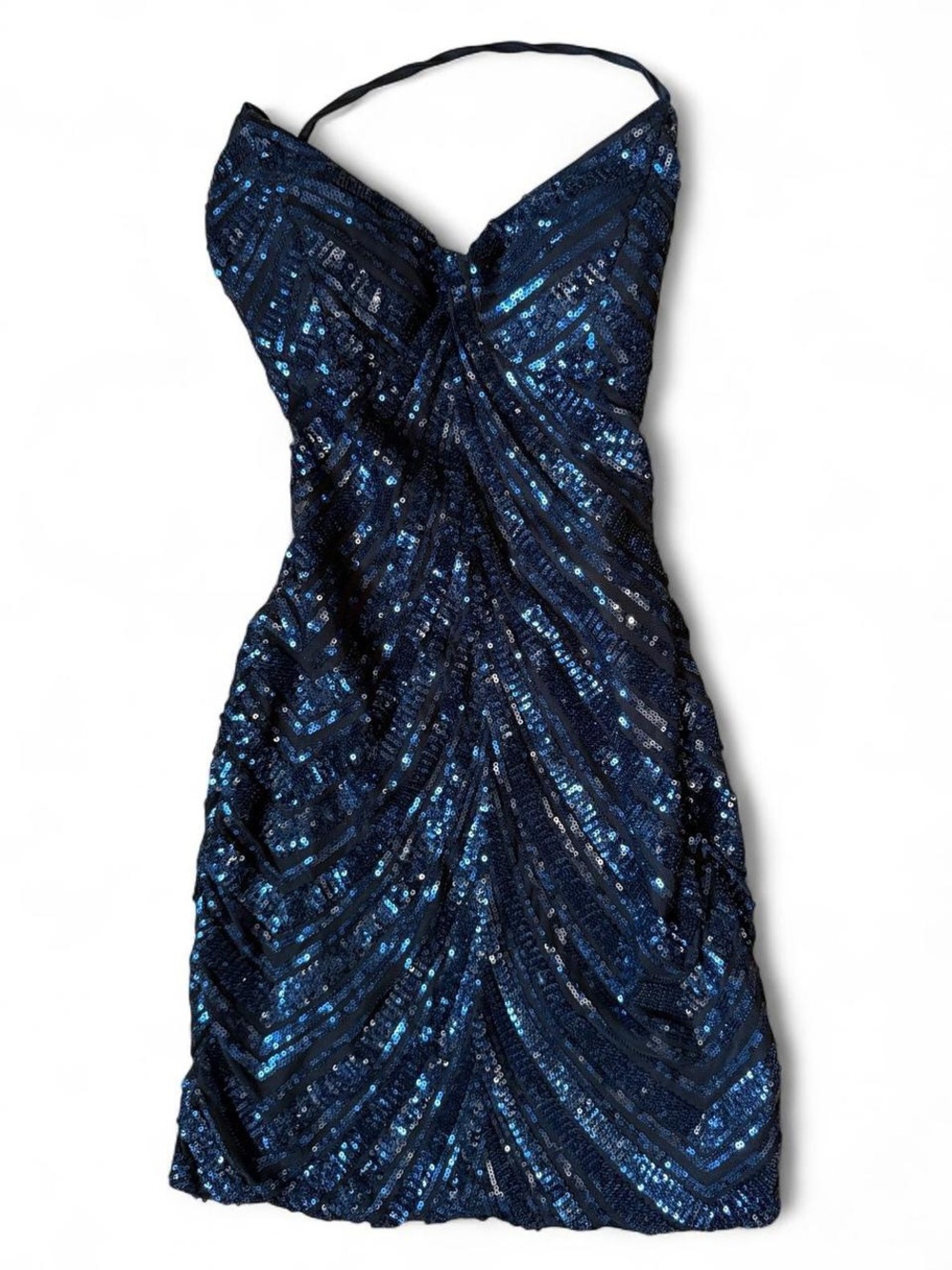 Navy Blue Sequin Ruched Mini Dress Open Tie Back
